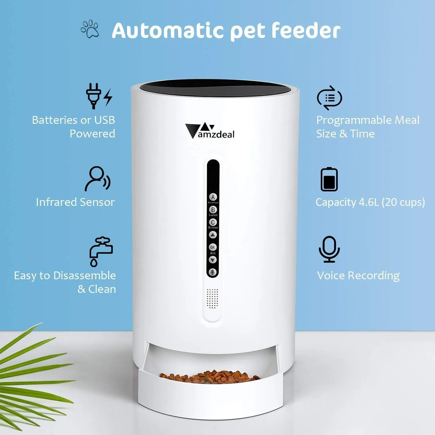 amzdeal Automatic Cat Feeder Dog Feeder Cat Food Dispenser with Programmable Meal Size and Time, 4 Meals per Day, Suitable for Dog and Cat