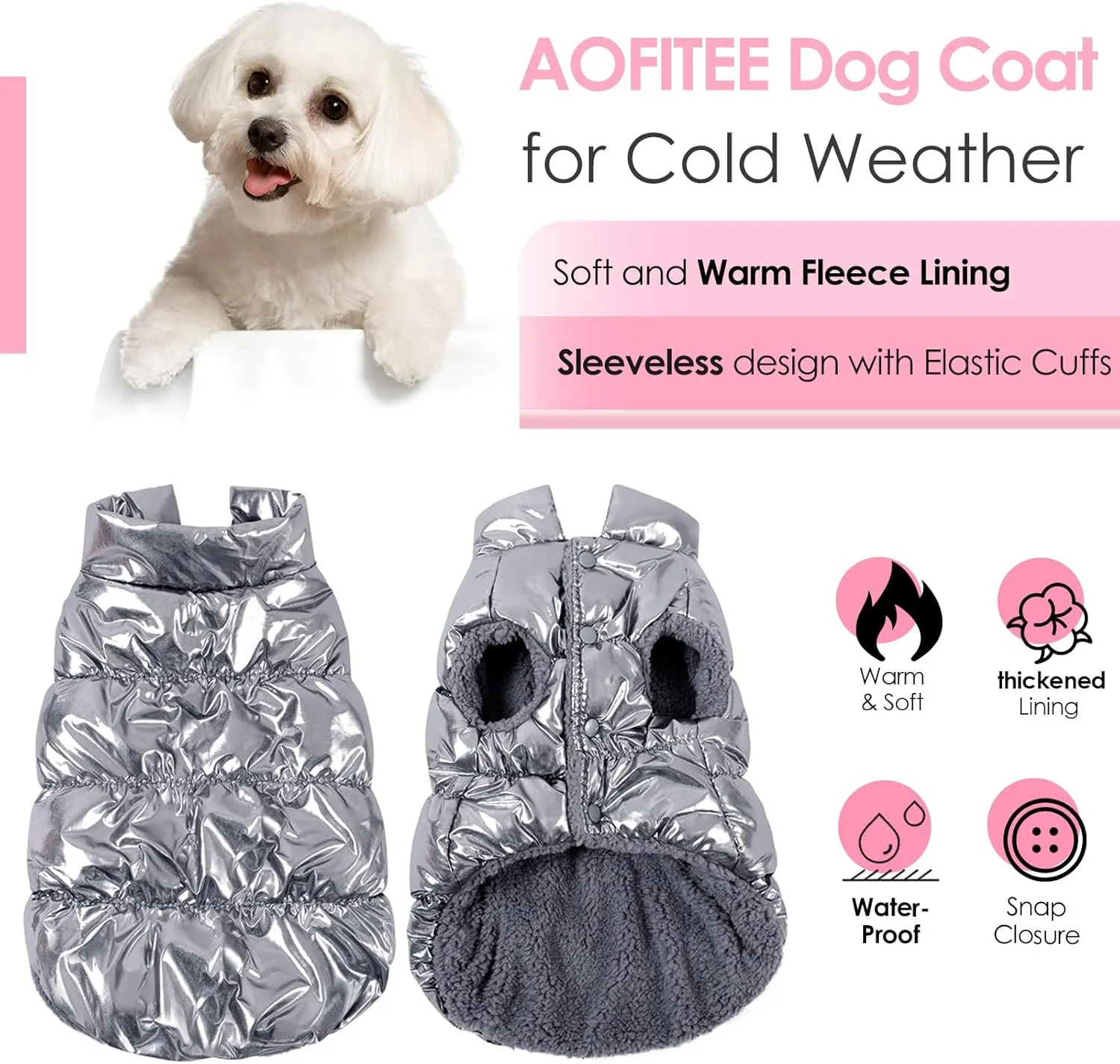 AOFITEE Dog Coat, Waterproof Dog Jacket, Winter Coats for Small Dogs, Windproof Dogs Puffer Jacket, Fleece Pet Snowsuit Puffer Vest with Snap Closure, Cold Weather Coats for Boy Girl Puppy, Silver, S