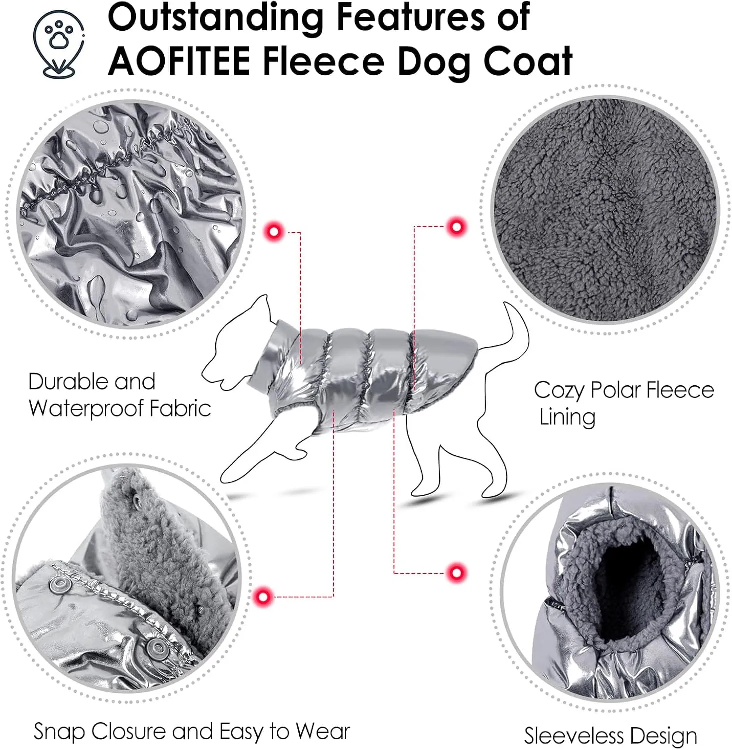 AOFITEE Dog Coat, Waterproof Dog Jacket, Winter Coats for Small Dogs, Windproof Dogs Puffer Jacket, Fleece Pet Snowsuit Puffer Vest with Snap Closure, Cold Weather Coats for Boy Girl Puppy, Silver, S
