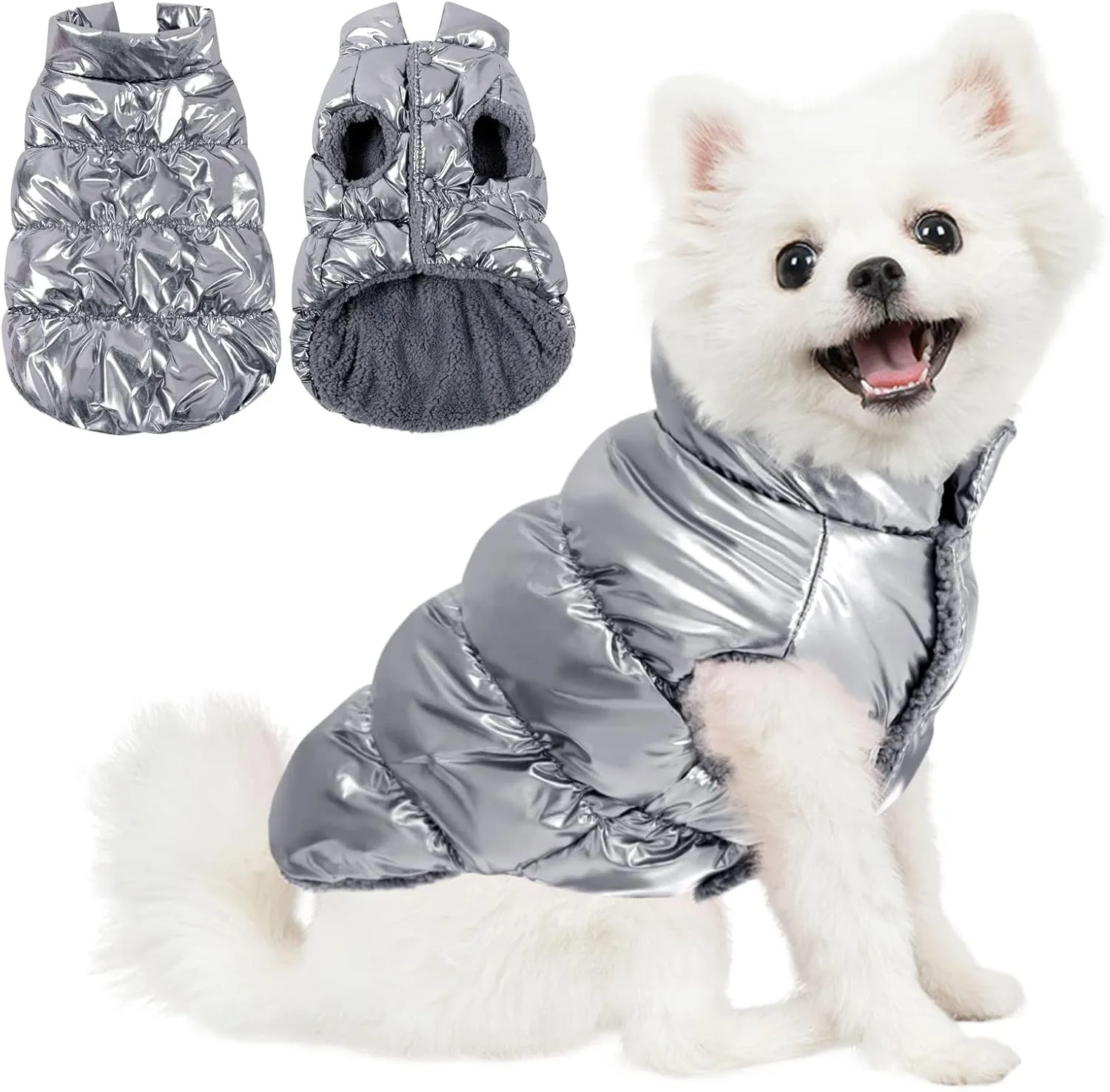 AOFITEE Dog Coat, Waterproof Dog Jacket, Winter Coats for Small Dogs, Windproof Dogs Puffer Jacket, Fleece Pet Snowsuit Puffer Vest with Snap Closure, Cold Weather Coats for Boy Girl Puppy, Silver, S