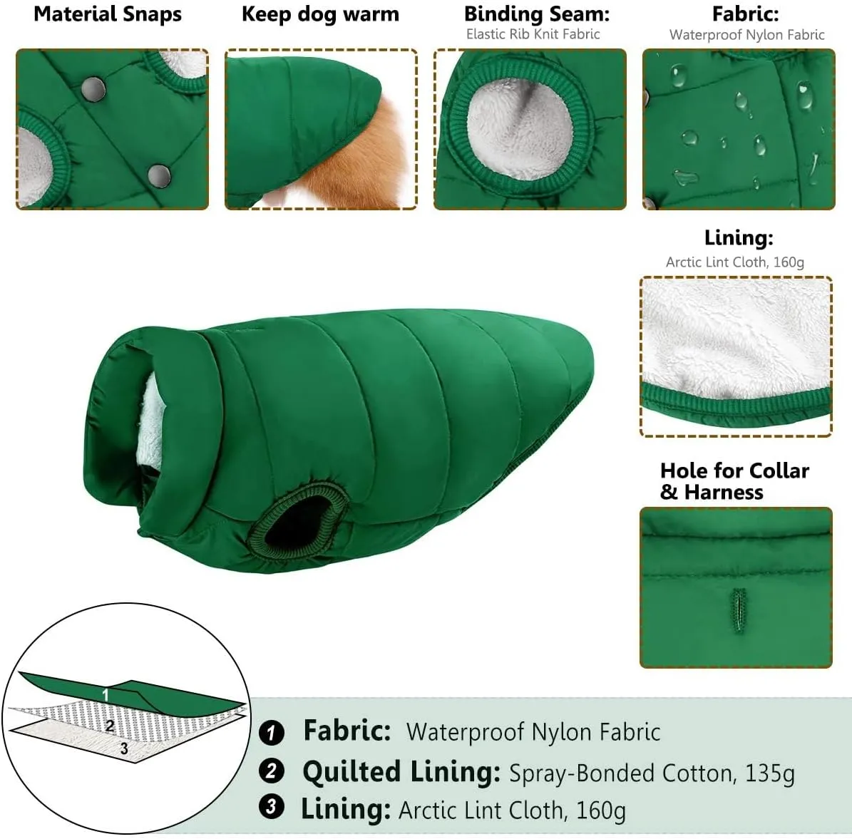 ASENKU Windproof Winter Coat - Waterproof Jacket, Warm Vest for Cold Weather - Pet Apparel With 2 Layers Fleece Lined for Small Medium Large Dogs (M, Green)
