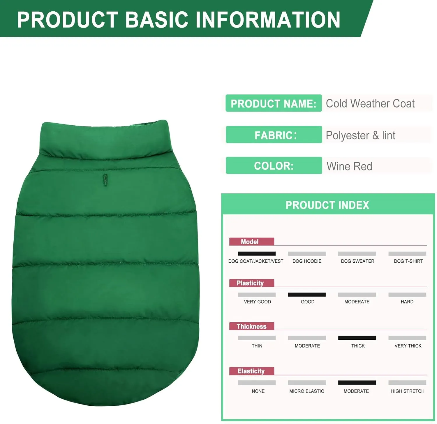 ASENKU Windproof Winter Coat - Waterproof Jacket, Warm Vest for Cold Weather - Pet Apparel With 2 Layers Fleece Lined for Small Medium Large Dogs (M, Green)