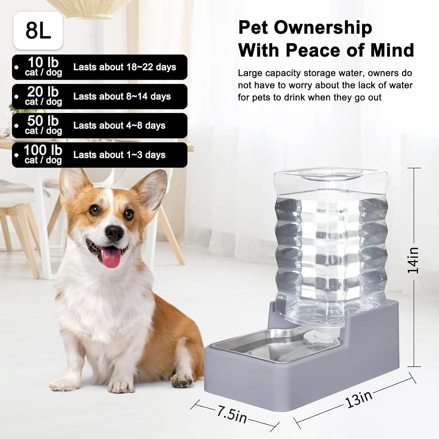 Automatic Dog and Cat Water Dispenser with Stainless Steel Bowl Gravity Waterer,Large Capacity and Drinking,100% BPA-Free,Suitable for Medium and Large-Sized Cats and Dogs (Light Gray, 8L)
