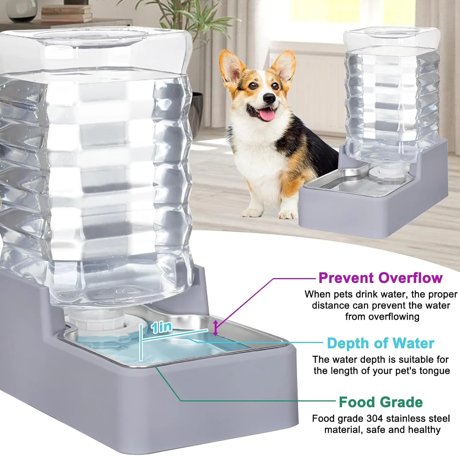 Automatic Dog and Cat Water Dispenser with Stainless Steel Bowl Gravity Waterer,Large Capacity and Drinking,100% BPA-Free,Suitable for Medium and Large-Sized Cats and Dogs (Light Gray, 8L)