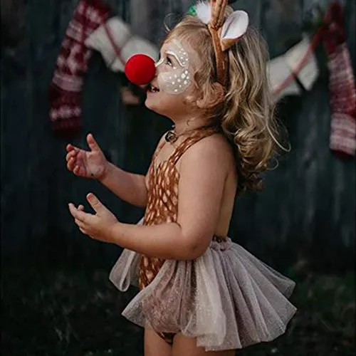 Baby Deer Costume Toddler Girls Reindeer Elk Tulle Romper Dress Antlers Headband Set Newborn 1st Christmas Outfit Xmas Holiday Photo Shoot Halloween Dress Up Birthday Party Cosplay Brown 0-3 Months