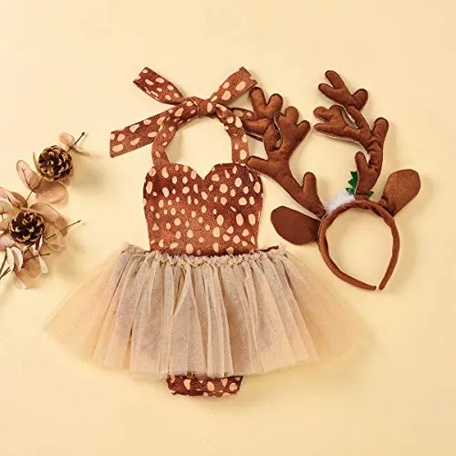 Baby Deer Costume Toddler Girls Reindeer Elk Tulle Romper Dress Antlers Headband Set Newborn 1st Christmas Outfit Xmas Holiday Photo Shoot Halloween Dress Up Birthday Party Cosplay Brown 0-3 Months