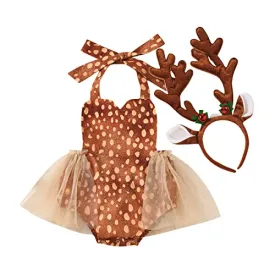 Baby Deer Costume Toddler Girls Reindeer Elk Tulle Romper Dress Antlers Headband Set Newborn 1st Christmas Outfit Xmas Holiday Photo Shoot Halloween Dress Up Birthday Party Cosplay Brown 0-3 Months