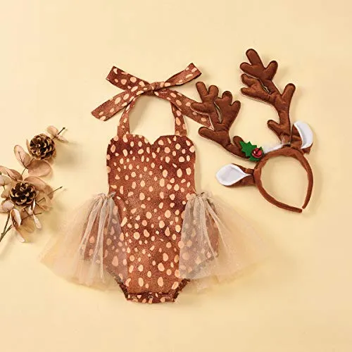 Baby Deer Costume Toddler Girls Reindeer Elk Tulle Romper Dress Antlers Headband Set Newborn 1st Christmas Outfit Xmas Holiday Photo Shoot Halloween Dress Up Birthday Party Cosplay Brown 0-3 Months