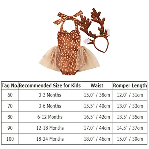 Baby Deer Costume Toddler Girls Reindeer Elk Tulle Romper Dress Antlers Headband Set Newborn 1st Christmas Outfit Xmas Holiday Photo Shoot Halloween Dress Up Birthday Party Cosplay Brown 0-3 Months