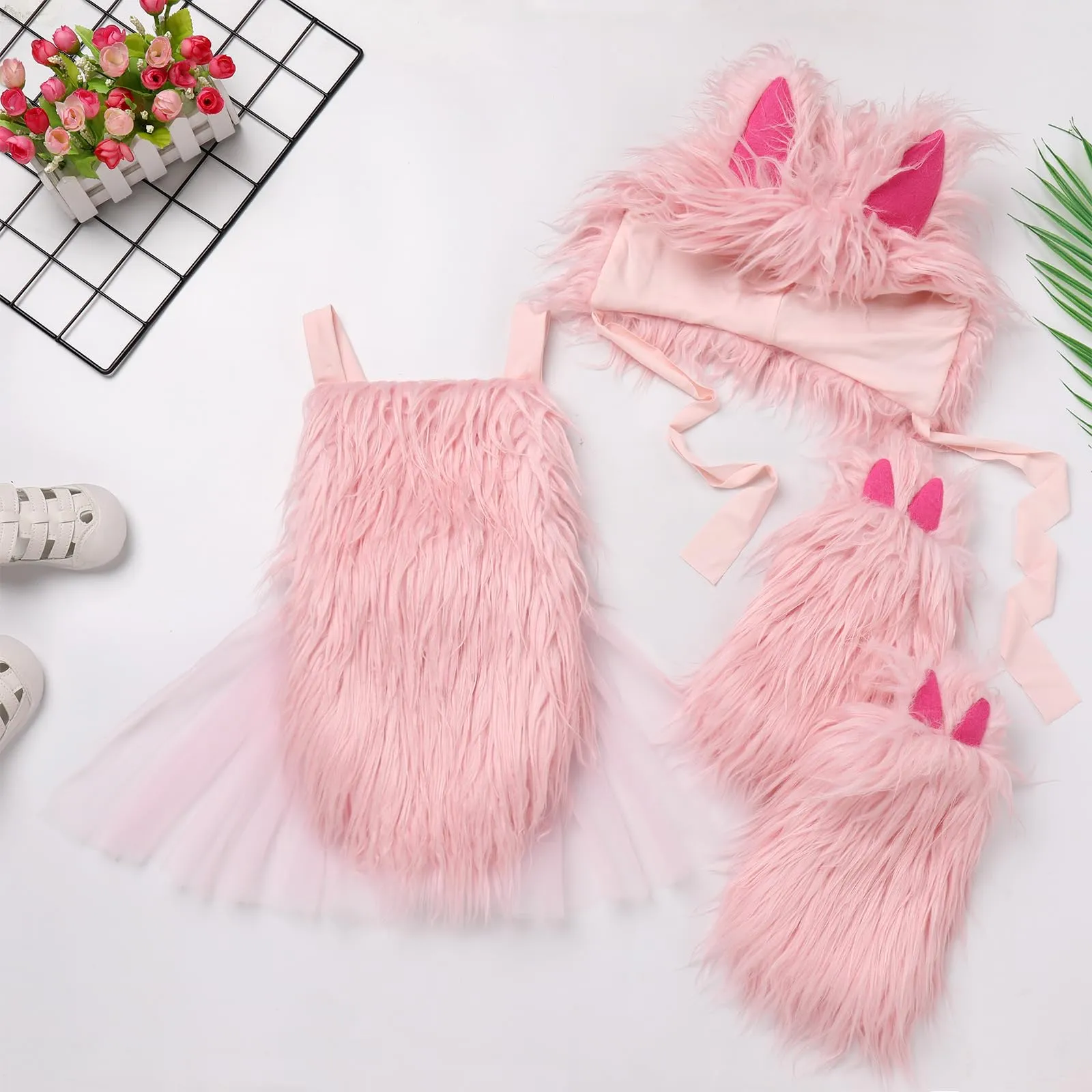 Baby Girl Christmas Pink Bunny Costume Faux Pink Fur Costume Tulle Tutu Romper Dress with Bunny Hat Headband with Pink Fuzzy Fur Leg Warmers Socks Xmas Holiday Easter Day Outfit Pink Bunny 3PCS 0-6 Months