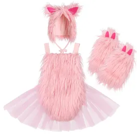 Baby Girl Christmas Pink Bunny Costume Faux Pink Fur Costume Tulle Tutu Romper Dress with Bunny Hat Headband with Pink Fuzzy Fur Leg Warmers Socks Xmas Holiday Easter Day Outfit Pink Bunny 3PCS 0-6 Months