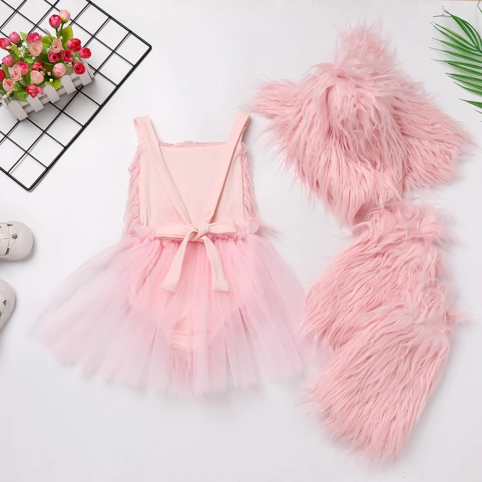 Baby Girl Christmas Pink Bunny Costume Faux Pink Fur Costume Tulle Tutu Romper Dress with Bunny Hat Headband with Pink Fuzzy Fur Leg Warmers Socks Xmas Holiday Easter Day Outfit Pink Bunny 3PCS 0-6 Months