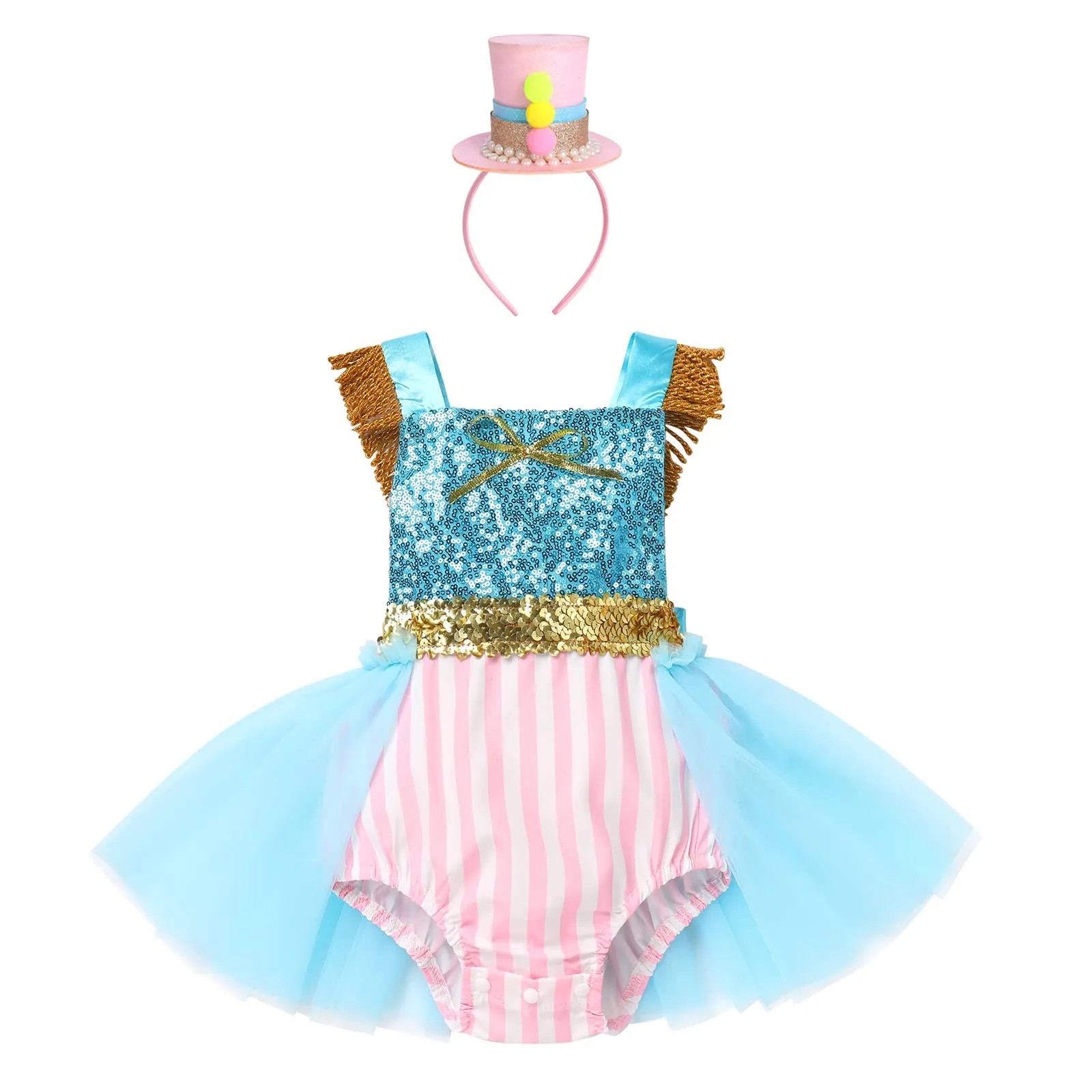 Baby Girls Carnival Costume Halloween Party Cosplay Outfits Toddler Newborn Sleeveless Belt Bowknot Decor Birthday Princess Backless Sequins Tutu Romper Dress with Headband Sequins Blue Pink 18-24Months