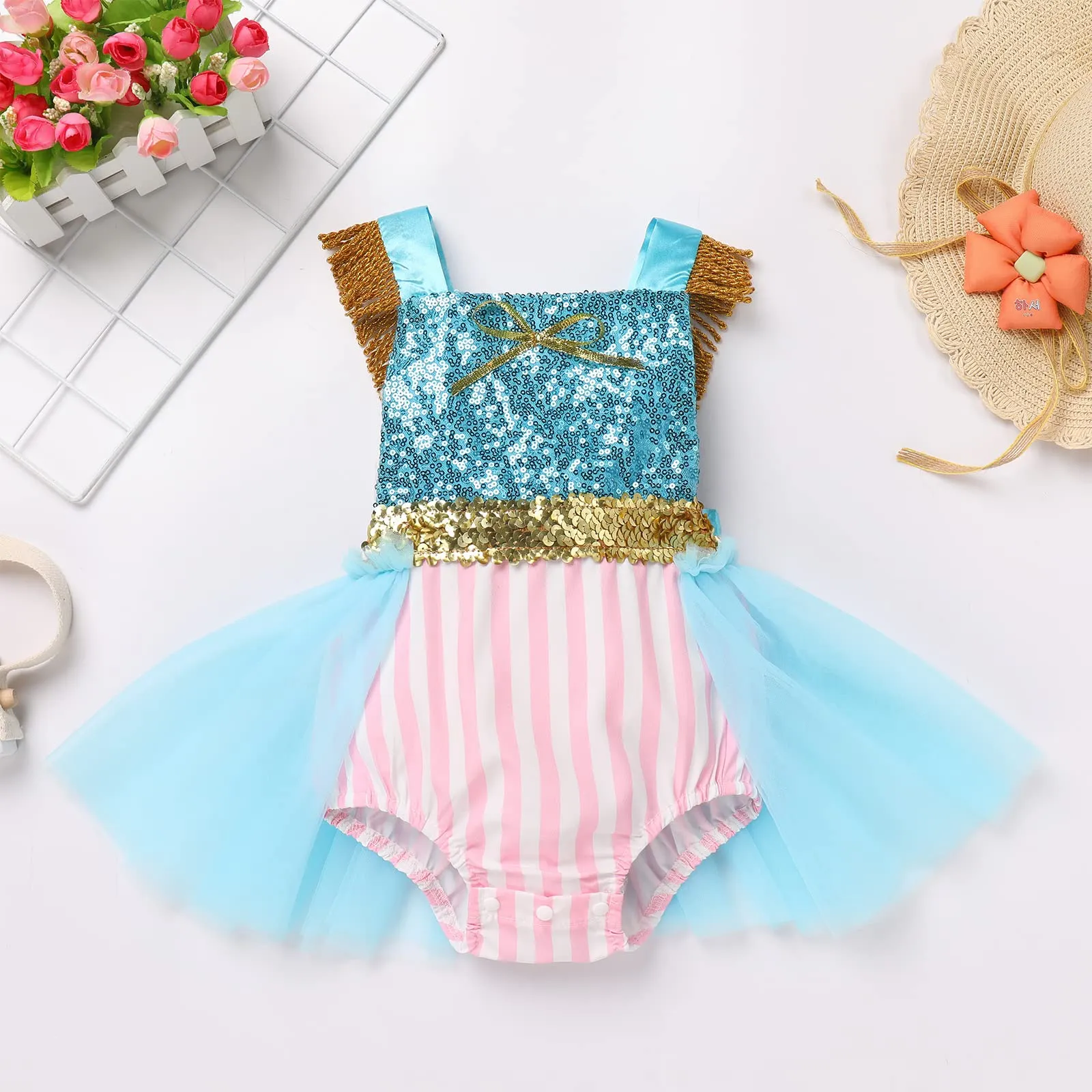 Baby Girls Carnival Costume Halloween Party Cosplay Outfits Toddler Newborn Sleeveless Belt Bowknot Decor Birthday Princess Backless Sequins Tutu Romper Dress with Headband Sequins Blue Pink 18-24Months