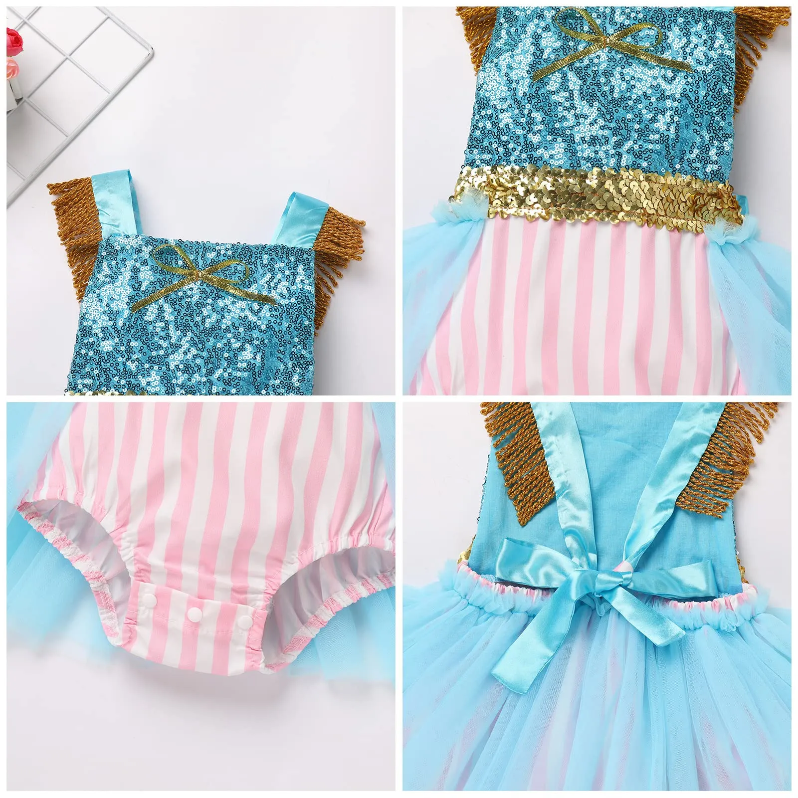 Baby Girls Carnival Costume Halloween Party Cosplay Outfits Toddler Newborn Sleeveless Belt Bowknot Decor Birthday Princess Backless Sequins Tutu Romper Dress with Headband Sequins Blue Pink 18-24Months