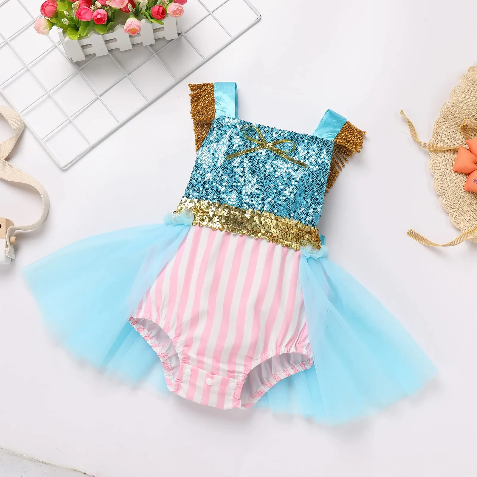 Baby Girls Carnival Costume Halloween Party Cosplay Outfits Toddler Newborn Sleeveless Belt Bowknot Decor Birthday Princess Backless Sequins Tutu Romper Dress with Headband Sequins Blue Pink 18-24Months