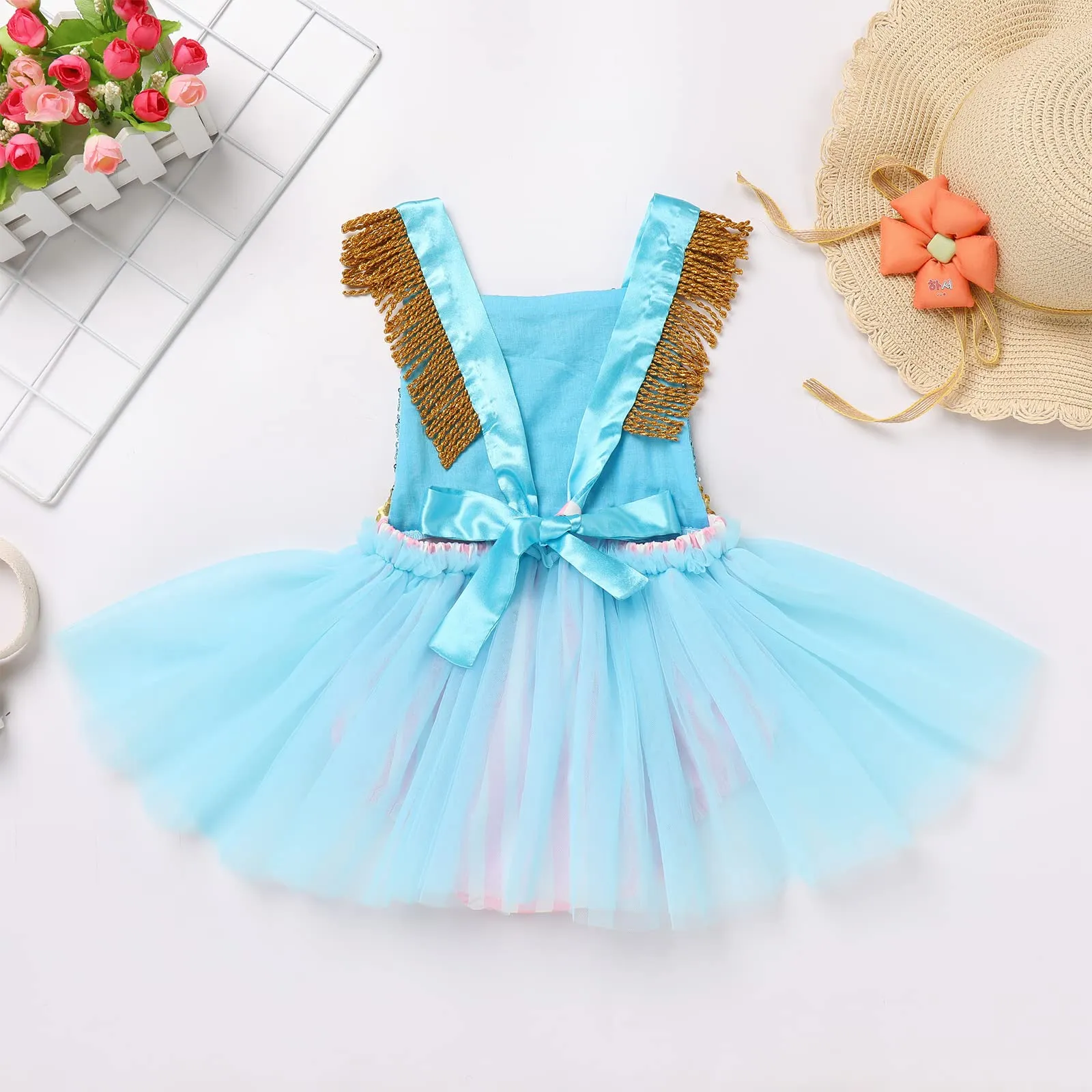 Baby Girls Carnival Costume Halloween Party Cosplay Outfits Toddler Newborn Sleeveless Belt Bowknot Decor Birthday Princess Backless Sequins Tutu Romper Dress with Headband Sequins Blue Pink 18-24Months