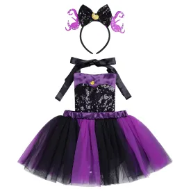 Baby Girls Pumpkin Flounder Costume Toddler Black Purple Shiny Sequin Tulle Tutu Romper Dress with Horn Headband Mermaid Themed Halloween Cosplay Dress Up Party Outfits Clothes Set Purple 0-6 Months