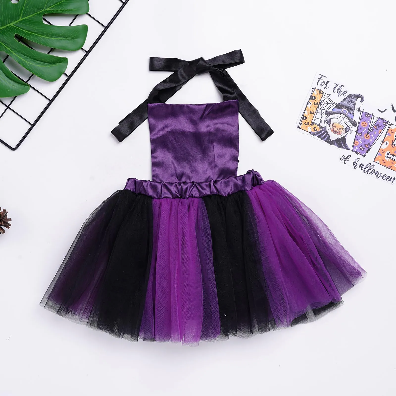 Baby Girls Pumpkin Flounder Costume Toddler Black Purple Shiny Sequin Tulle Tutu Romper Dress with Horn Headband Mermaid Themed Halloween Cosplay Dress Up Party Outfits Clothes Set Purple 0-6 Months