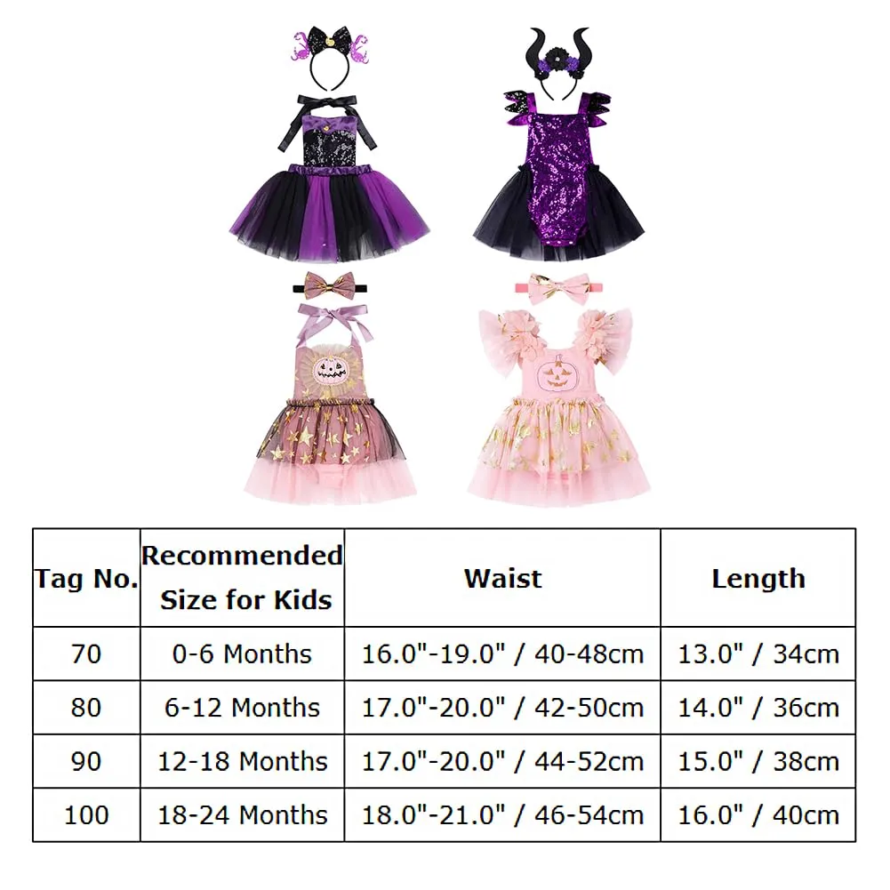 Baby Girls Pumpkin Flounder Costume Toddler Black Purple Shiny Sequin Tulle Tutu Romper Dress with Horn Headband Mermaid Themed Halloween Cosplay Dress Up Party Outfits Clothes Set Purple 0-6 Months