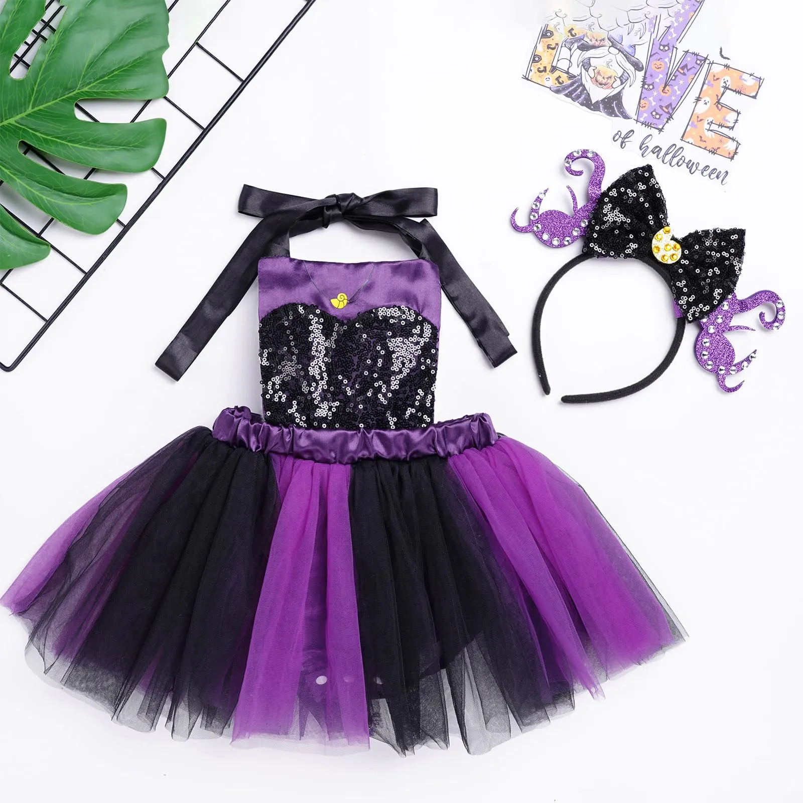 Baby Girls Pumpkin Flounder Costume Toddler Black Purple Shiny Sequin Tulle Tutu Romper Dress with Horn Headband Mermaid Themed Halloween Cosplay Dress Up Party Outfits Clothes Set Purple 0-6 Months