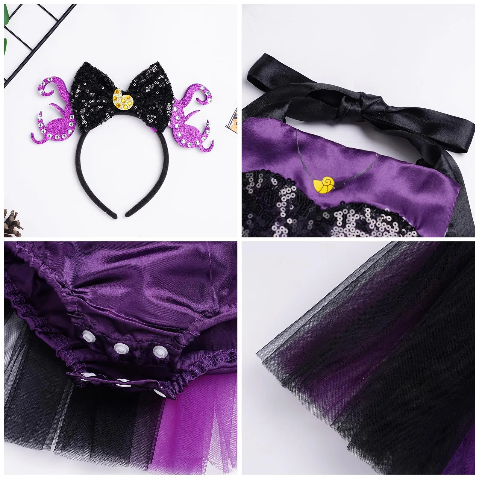Baby Girls Pumpkin Flounder Costume Toddler Black Purple Shiny Sequin Tulle Tutu Romper Dress with Horn Headband Mermaid Themed Halloween Cosplay Dress Up Party Outfits Clothes Set Purple 0-6 Months