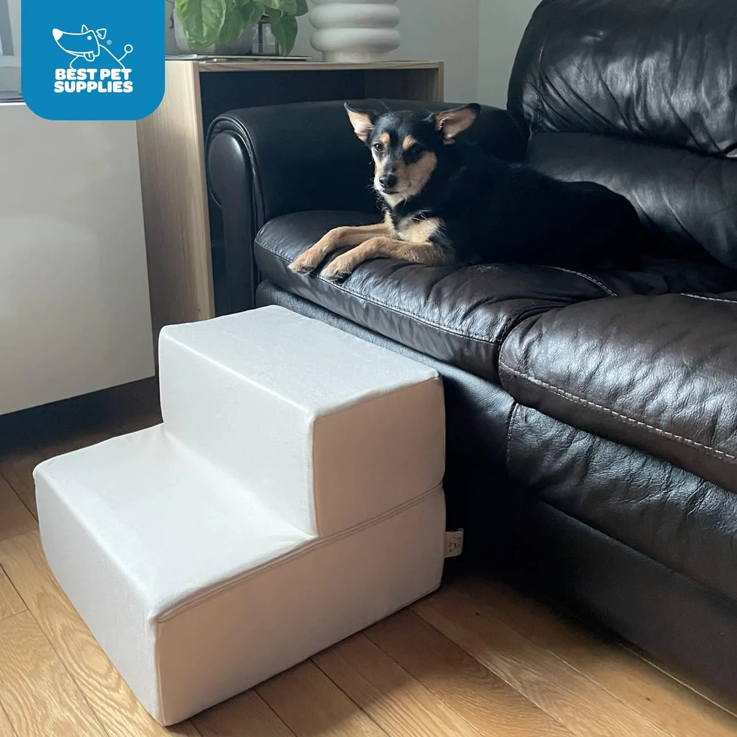 Best Pet Supplies Foldable Foam Pet Steps for Small Dogs and Cats, Portable Ramp Stairs for Couch, Sofa, and High Bed Climbing, Non-Slip Balanced Indoor Step Support, Paw Safe - Brown Linen, 2-Step
