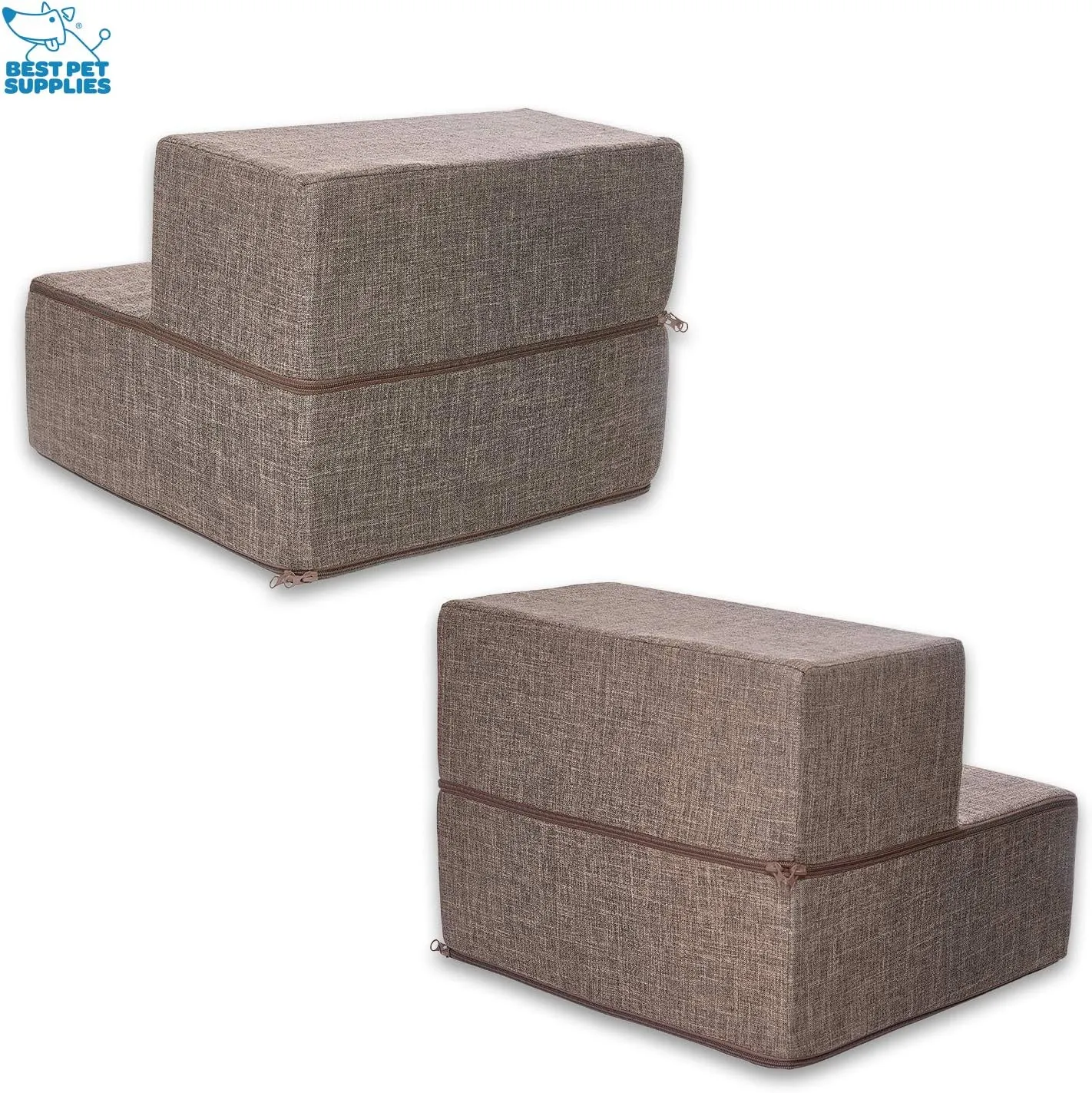 Best Pet Supplies Foldable Foam Pet Steps for Small Dogs and Cats, Portable Ramp Stairs for Couch, Sofa, and High Bed Climbing, Non-Slip Balanced Indoor Step Support, Paw Safe - Brown Linen, 2-Step