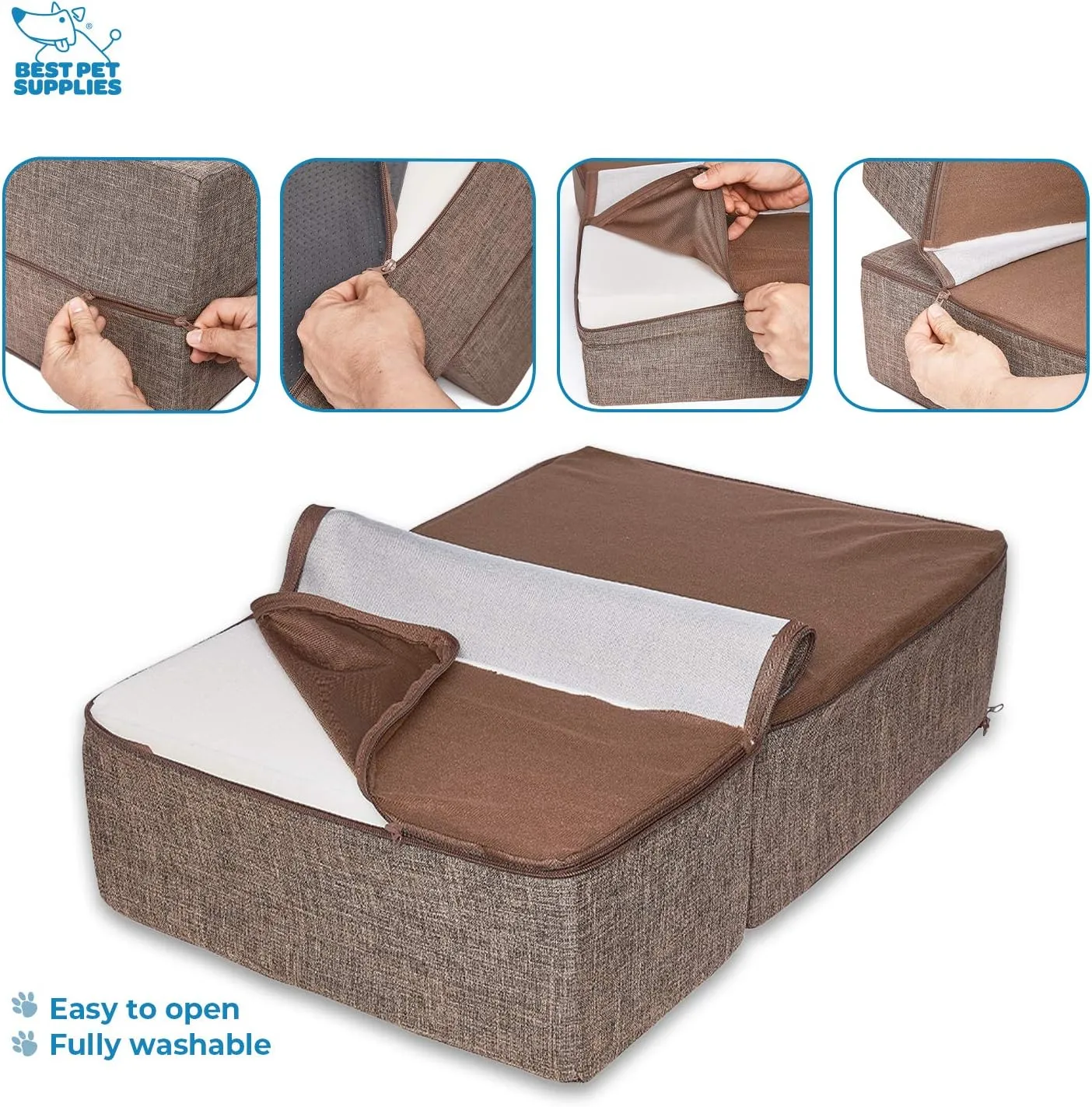 Best Pet Supplies Foldable Foam Pet Steps for Small Dogs and Cats, Portable Ramp Stairs for Couch, Sofa, and High Bed Climbing, Non-Slip Balanced Indoor Step Support, Paw Safe - Brown Linen, 2-Step