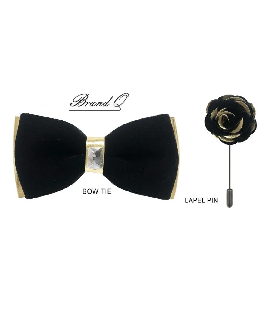Black Velvet and Gold Leather Men's Bowties Hanky and Flowers
