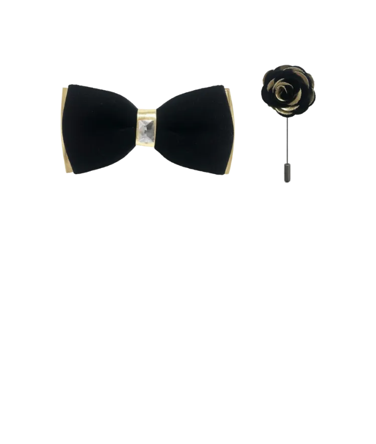 Black Velvet and Gold Leather Men's Bowties Hanky and Flowers