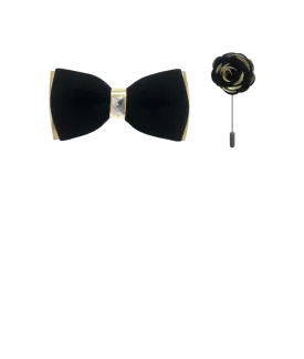 Black Velvet and Gold Leather Men's Bowties Hanky and Flowers