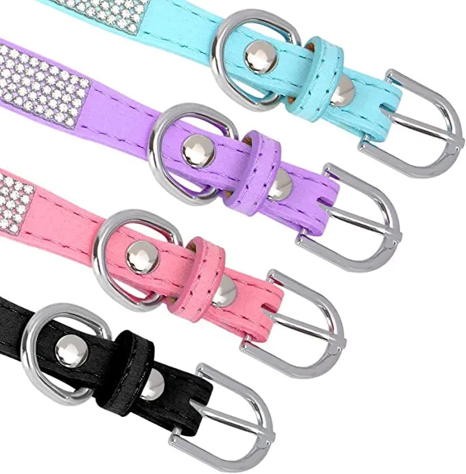 Blue Bling XXS Dog Collar, Rhinestone Crown Cat Collars Sparkling Diamond Jeweled Crystal Girl Female Puppy Collar for XXS XS Small Dogs, XXS