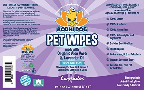 Bodhi Dog Pet Wipes | Wipes for Dog Grooming | Wipe Away Pet Odors & Deodorizes Coat | No Parabens or SLS | Large Wet & Thick Pet Wipes | Best for Cleaning Dogs and Cats (Lavender, 60CT)