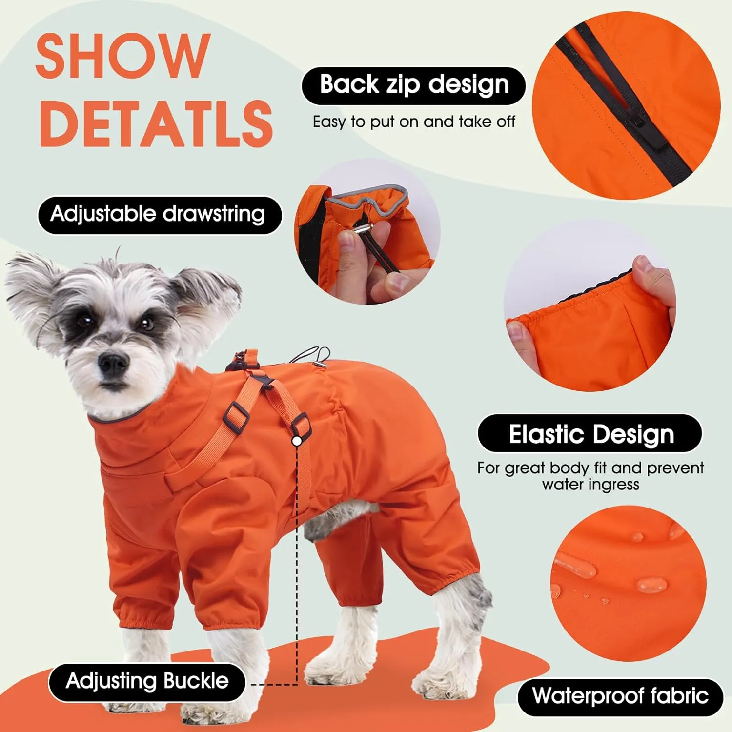 BRKURLEG Dog Raincoat for Small Dogs, Small Dog Rain Jacket with Harness Built in, Waterproof 4 Legs Pet Raincoats, Puppy Outdoor Jacket with Reflective Strip, Orange, M