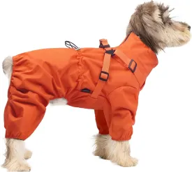 BRKURLEG Dog Raincoat for Small Dogs, Small Dog Rain Jacket with Harness Built in, Waterproof 4 Legs Pet Raincoats, Puppy Outdoor Jacket with Reflective Strip, Orange, M