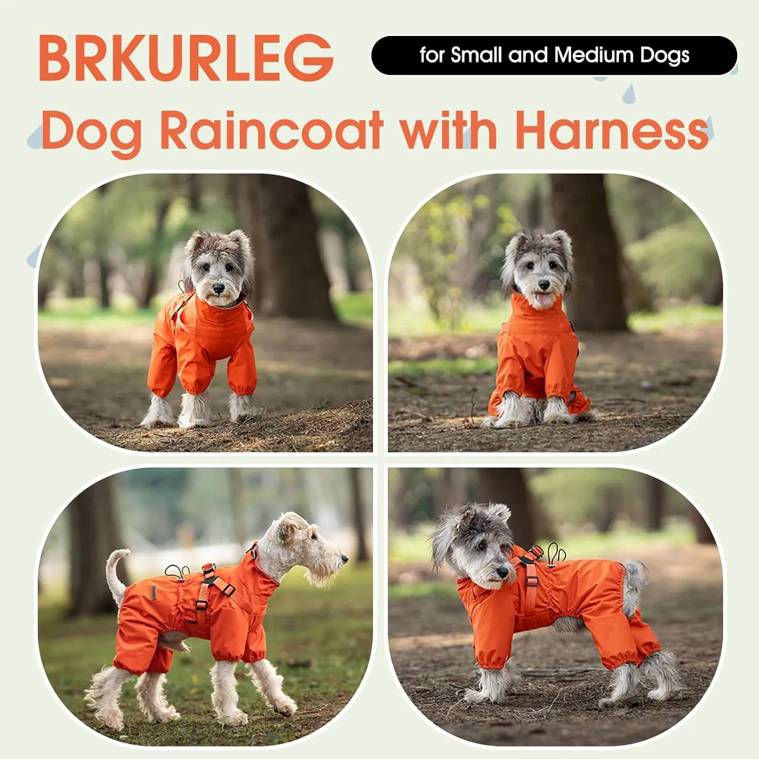 BRKURLEG Dog Raincoat for Small Dogs, Small Dog Rain Jacket with Harness Built in, Waterproof 4 Legs Pet Raincoats, Puppy Outdoor Jacket with Reflective Strip, Orange, M