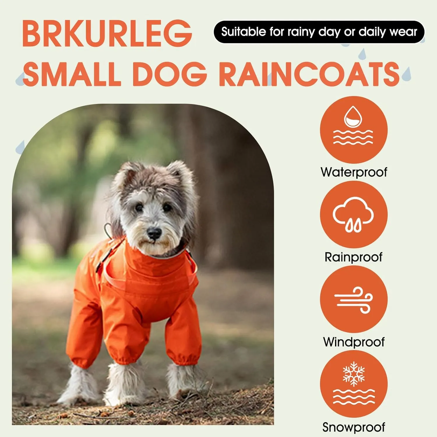 BRKURLEG Dog Raincoat for Small Dogs, Small Dog Rain Jacket with Harness Built in, Waterproof 4 Legs Pet Raincoats, Puppy Outdoor Jacket with Reflective Strip, Orange, M