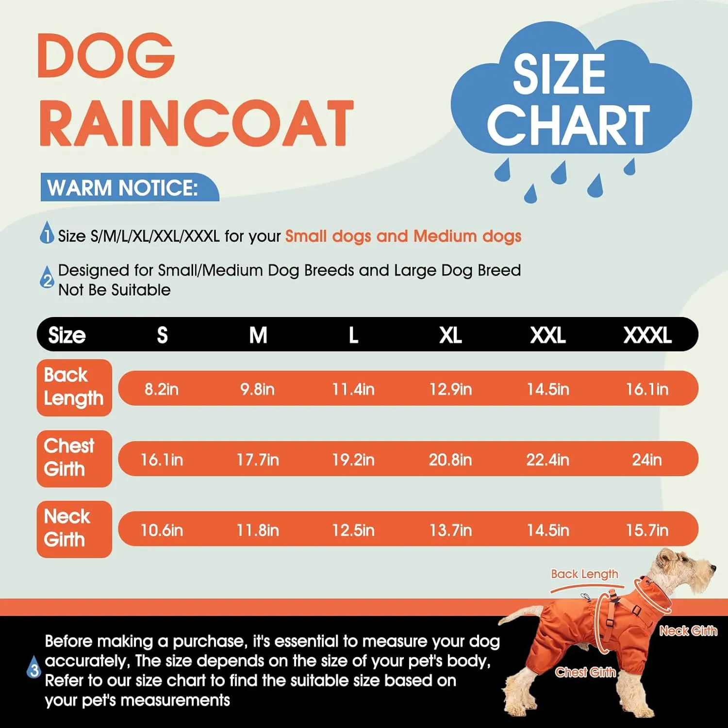 BRKURLEG Dog Raincoat for Small Dogs, Small Dog Rain Jacket with Harness Built in, Waterproof 4 Legs Pet Raincoats, Puppy Outdoor Jacket with Reflective Strip, Orange, M