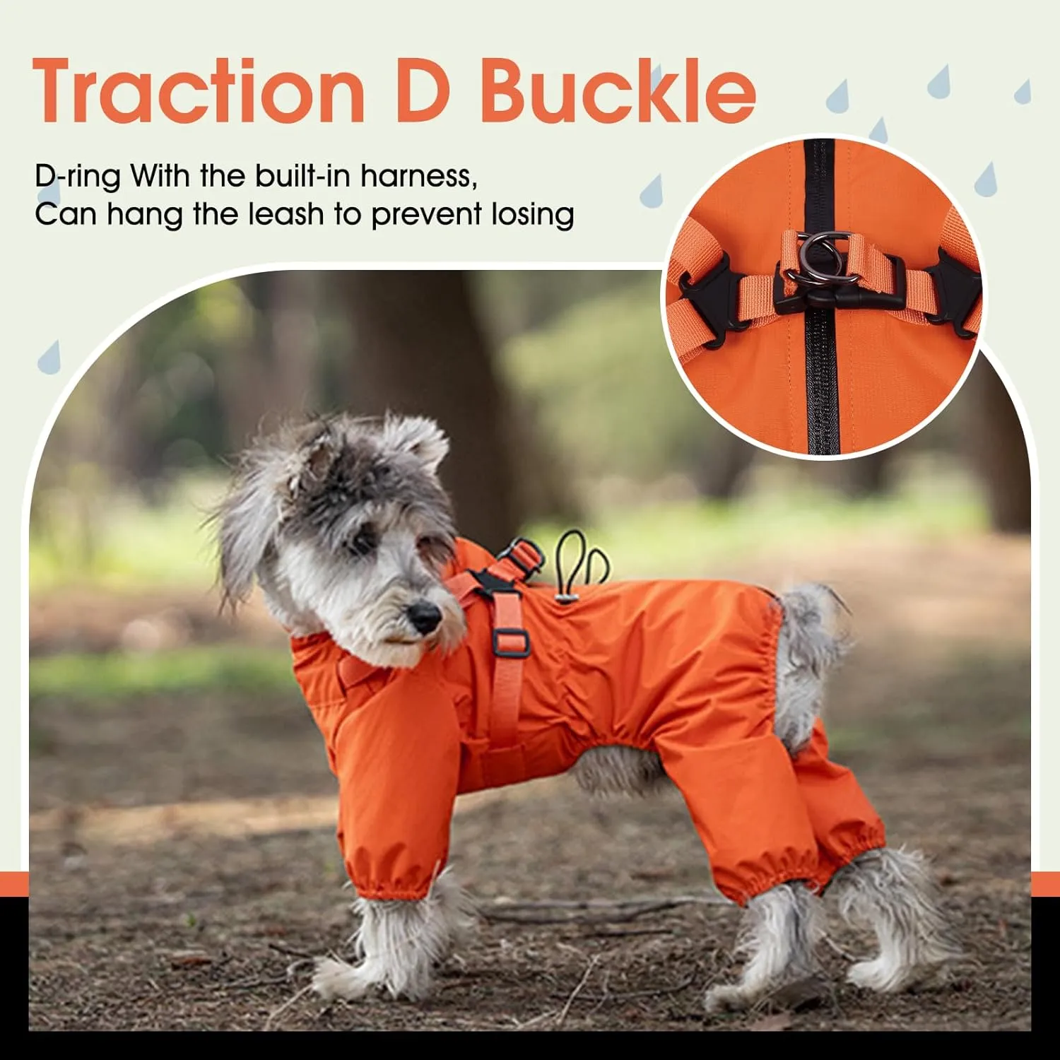 BRKURLEG Dog Raincoat for Small Dogs, Small Dog Rain Jacket with Harness Built in, Waterproof 4 Legs Pet Raincoats, Puppy Outdoor Jacket with Reflective Strip, Orange, M