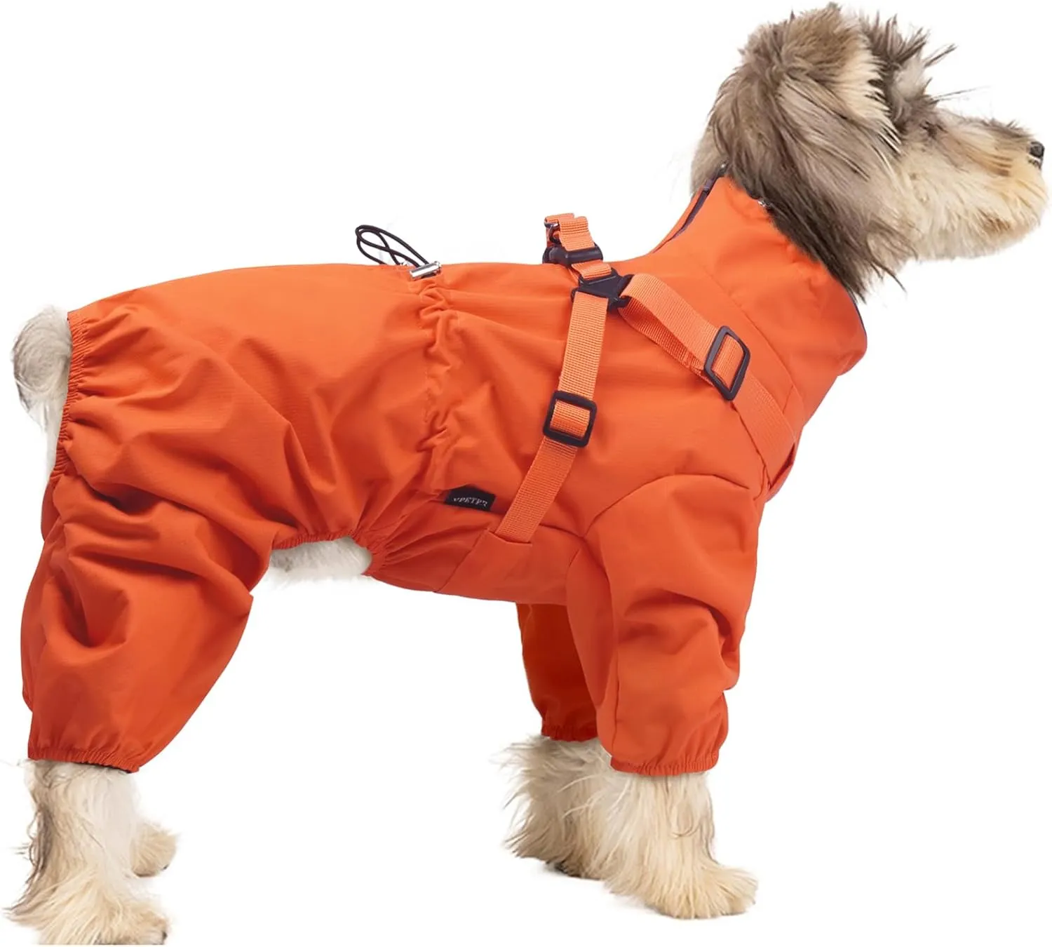 BRKURLEG Dog Raincoat for Small Dogs, Small Dog Rain Jacket with Harness Built in, Waterproof 4 Legs Pet Raincoats, Puppy Outdoor Jacket with Reflective Strip, Orange, M