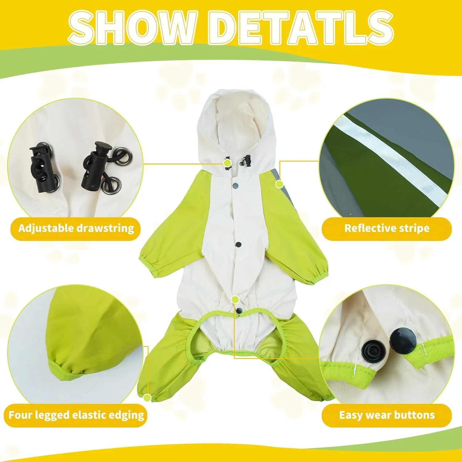 BRKURLEG Dog Raincoat With Legs, Waterproof Clothes, Pet Rainproof Jacket With Leash Hole, Reflective Poncho for Small Dogs Boy Girl, Green L
