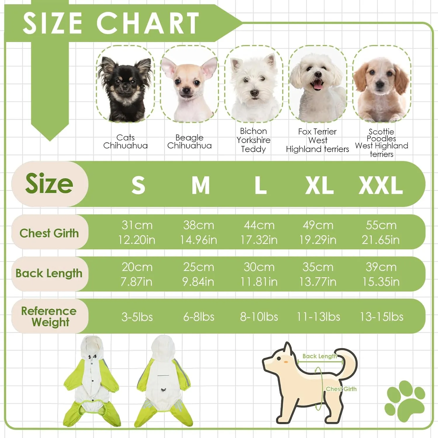 BRKURLEG Dog Raincoat With Legs, Waterproof Clothes, Pet Rainproof Jacket With Leash Hole, Reflective Poncho for Small Dogs Boy Girl, Green L
