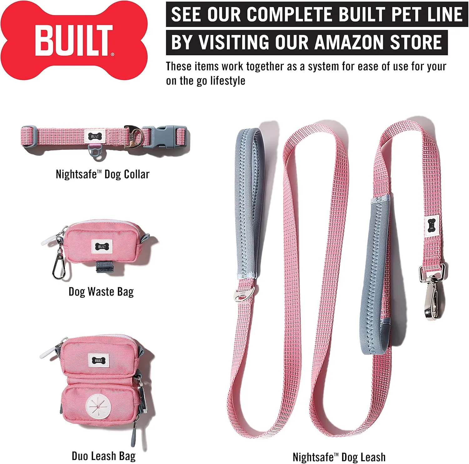BUILT Pet Nightsafe Dog Collar Large, Pink and Gray,Pink Gray