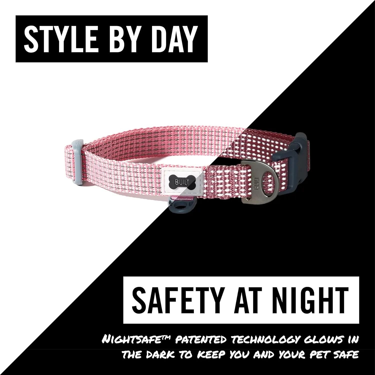 BUILT Pet Nightsafe Dog Collar Large, Pink and Gray,Pink Gray
