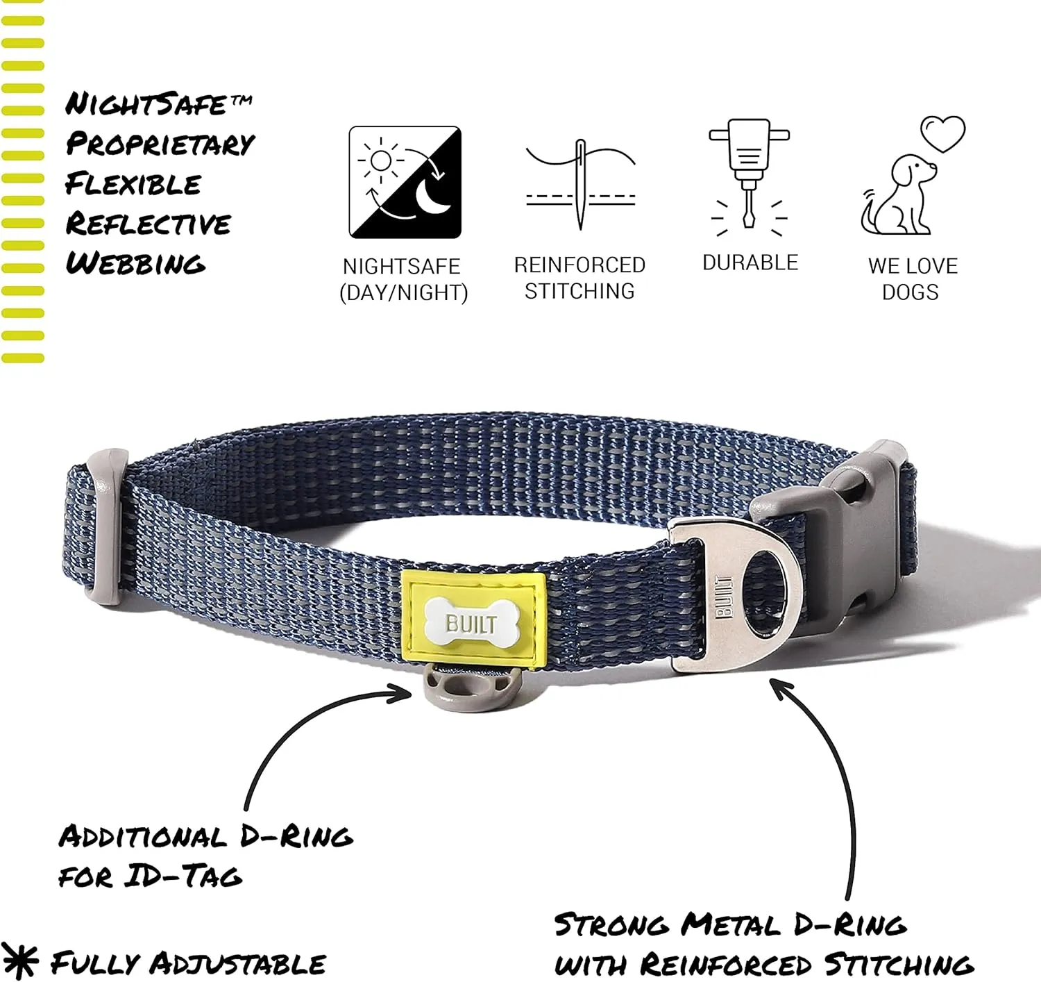 BUILT Pet Nightsafe Dog Collar Large, Pink and Gray,Pink Gray