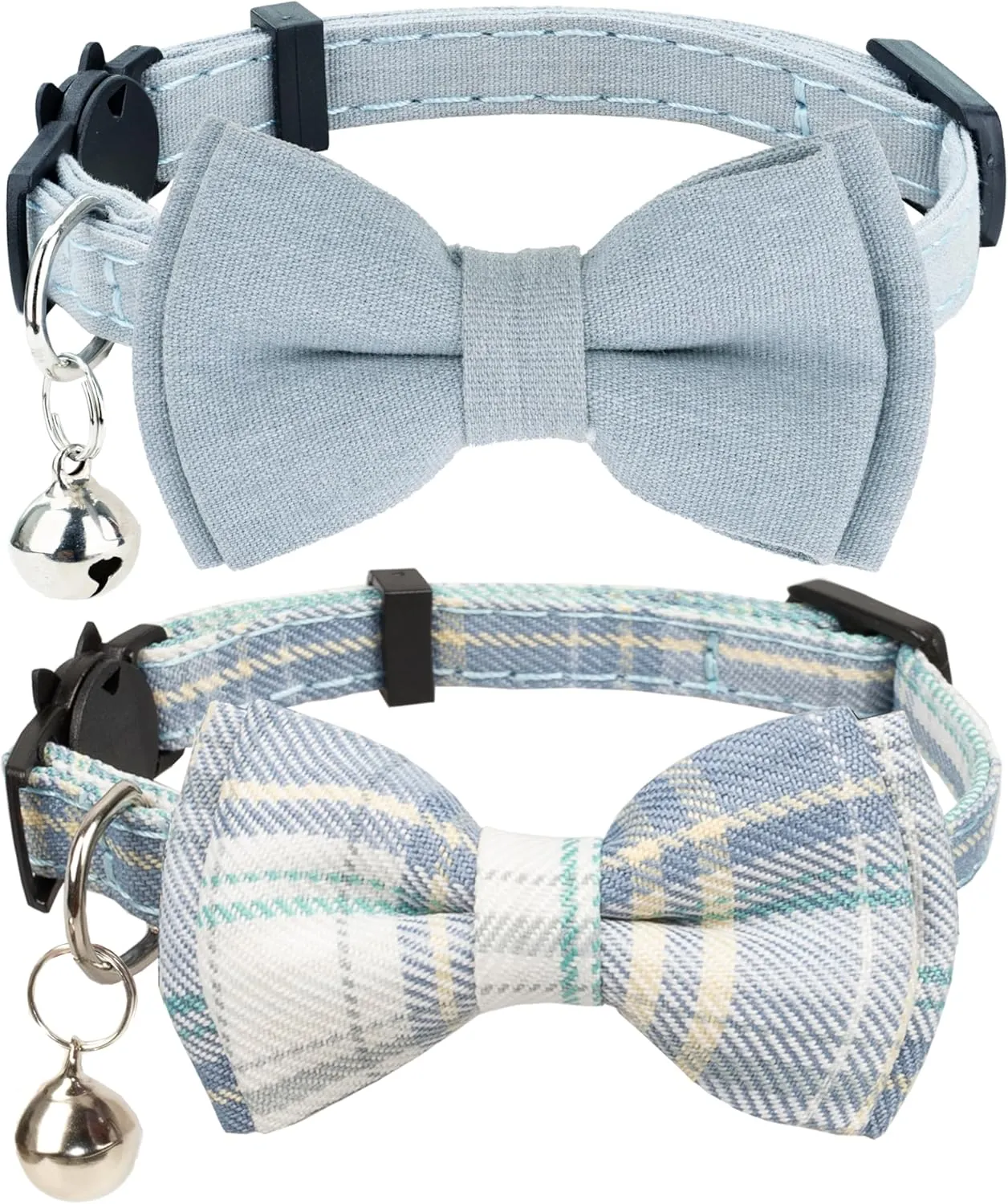 Cat Collar Breakaway Bowtie Safety with Bell Adjustbale Kitten Puppy Solid Plaid Color Set D-[2pcs] Blue Grey