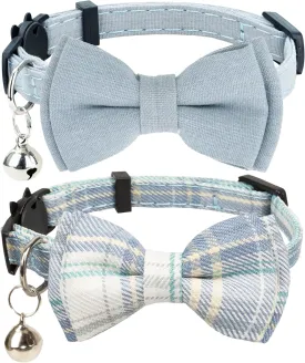 Cat Collar Breakaway Bowtie Safety with Bell Adjustbale Kitten Puppy Solid Plaid Color Set D-[2pcs] Blue Grey