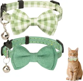 Cat Collar Breakaway Bowtie Safety with Bell Adjustbale Kitten Puppy Solid Plaid Color Set J-[2pcs] Green
