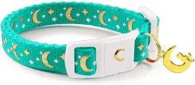 Cat Collars, Gold Moons and Stars Cat Collar, Safety Breakaway Cat Collar, Glow in The Dark (Standard 9"-15" Neck, Aqua)